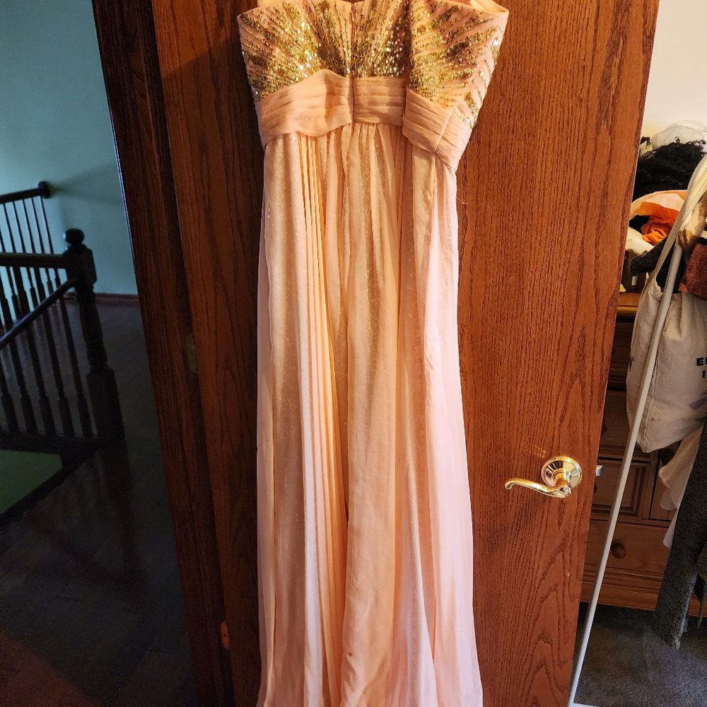 Peach and Gold Strapless Prom Dress